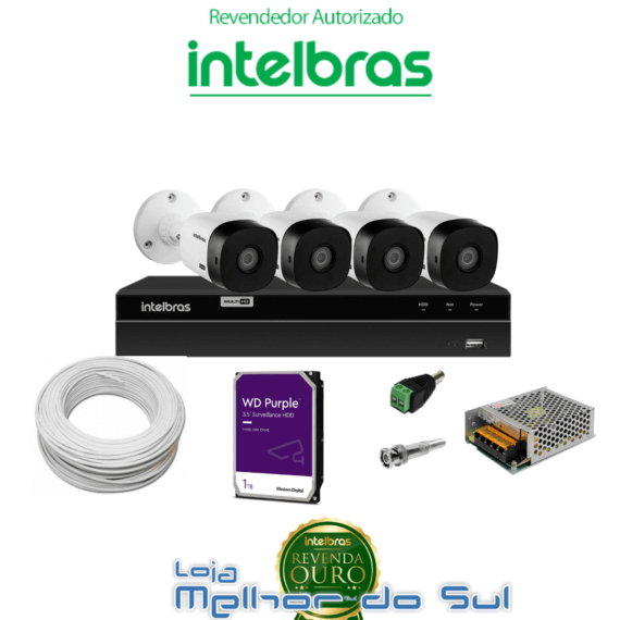 Kit DVR 4 Canais HD 720p Mhdx 1204 Intelbras C/ 4 Câmeras Bullet 20m IR + HD 1TB