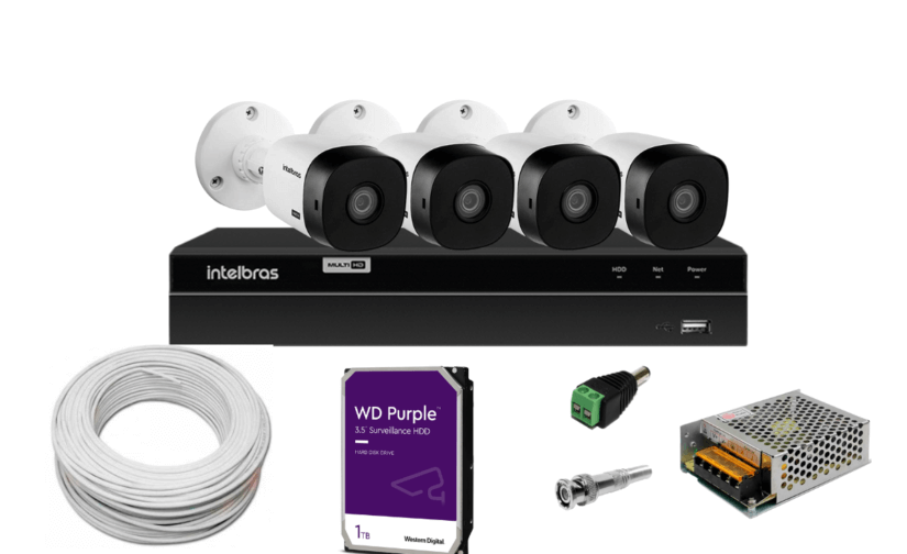 Kit DVR 4 Canais HD 720p Mhdx 1204 Intelbras C/ 4 Câmeras Bullet 20m IR + HD 1TB
