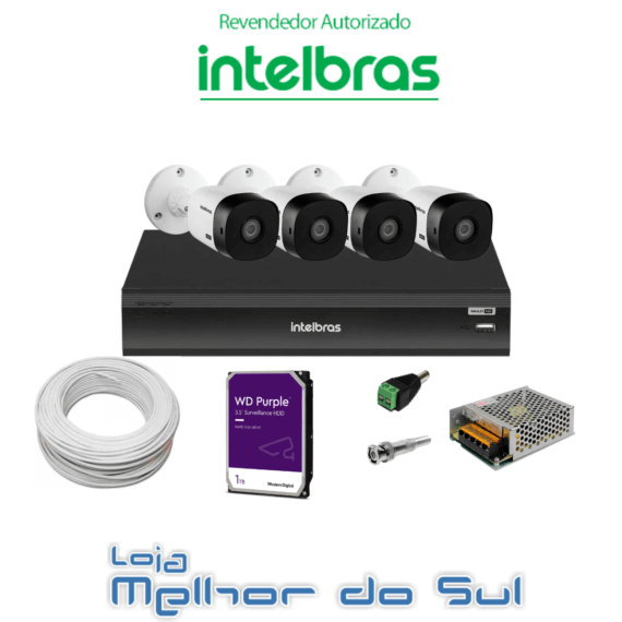 Kit DVR 8 Canais full HD 1080p iMhdx 3008 Intelbras C/ 4 Câmeras Bullet 20m IR + HD 1TB