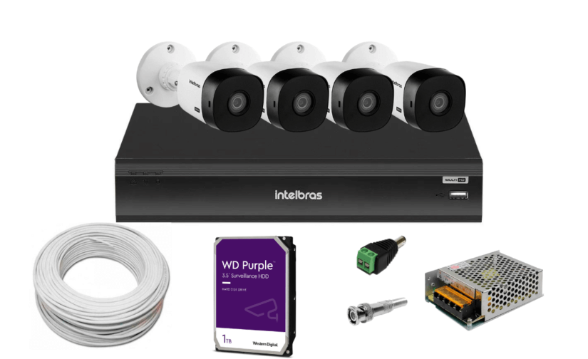 Kit DVR 8 Canais full HD 1080p iMhdx 3008 Intelbras C/ 4 Câmeras Bullet 20m IR + HD 1TB