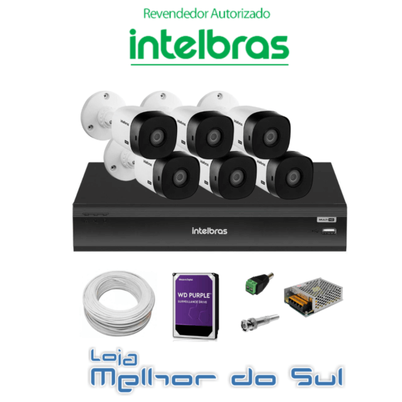 Kit DVR 8 Canais full HD 1080p iMhdx 3008 Intelbras C/ 6 Câmeras Bullet 20m IR + HD 1TB