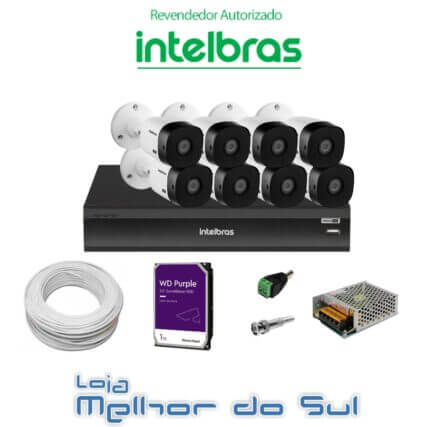 Kit DVR 8 Canais full HD 1080p iMhdx 3008 Intelbras C/ 8 Câmeras Bullet 20m IR + HD 1TB