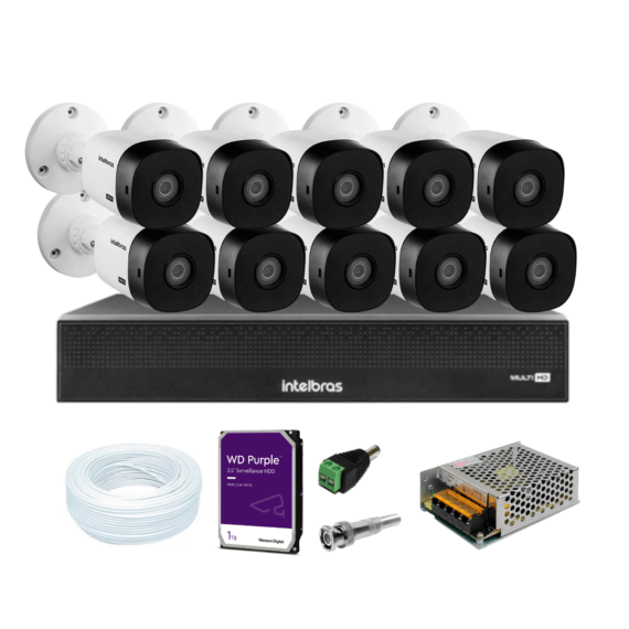 Kit DVR 16 Canais full HD 1080p Mhdx 3116-c Intelbras C/ 10 Câmeras Dome 20m IR + HD 1TB