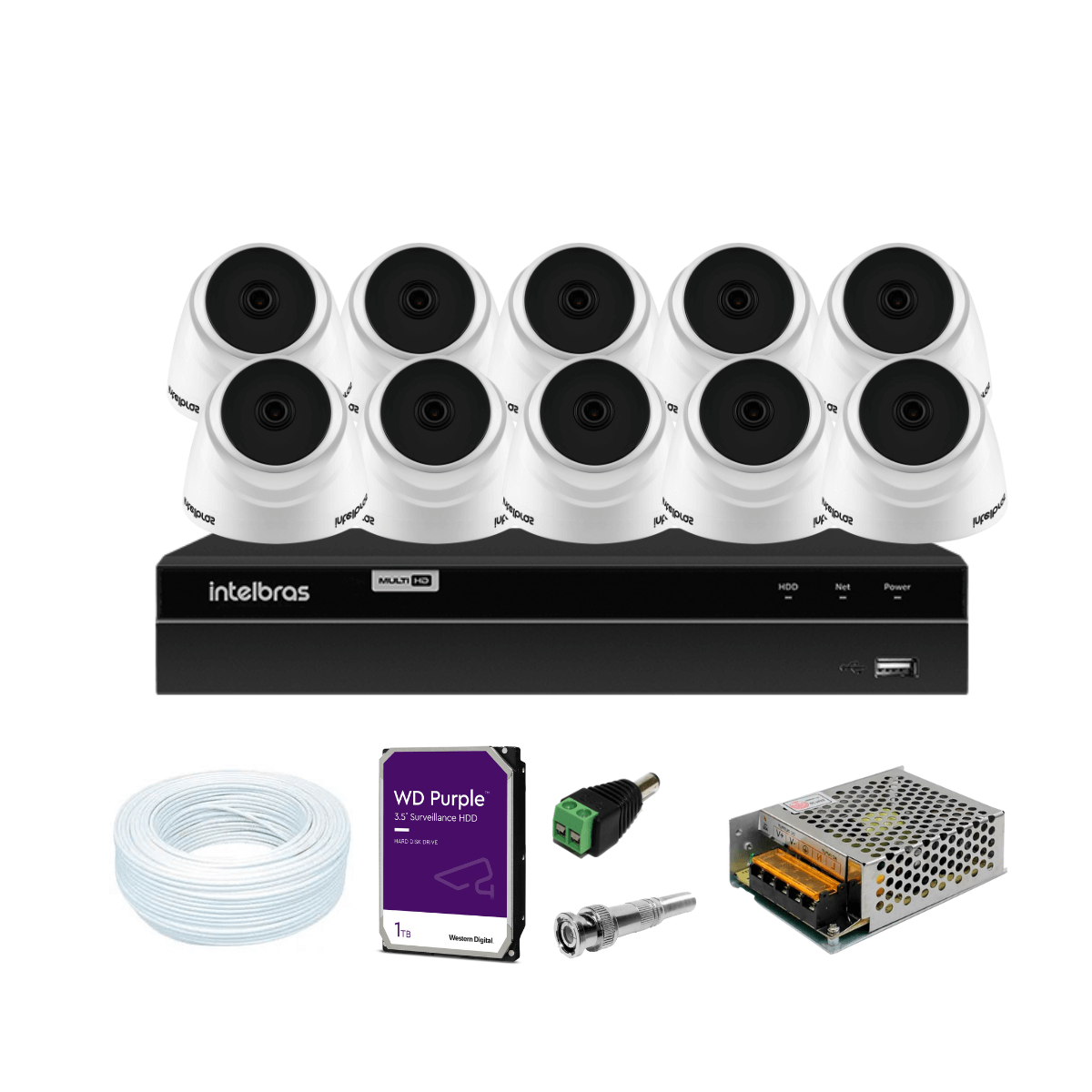 Kit DVR 16 Canais HD 720p Mhdx 1216 Intelbras C/ 10 Câmeras Dome 20m IR