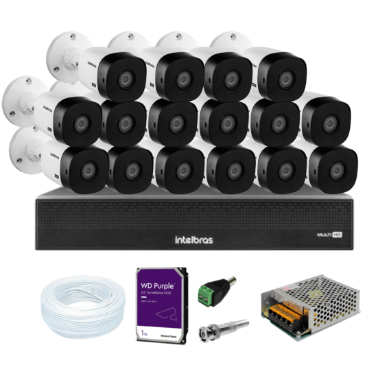 Kit DVR 16 Canais full HD 1080p Mhdx 3116-c Intelbras C/ 16 Câmeras Dome 20m IR + HD 1TB