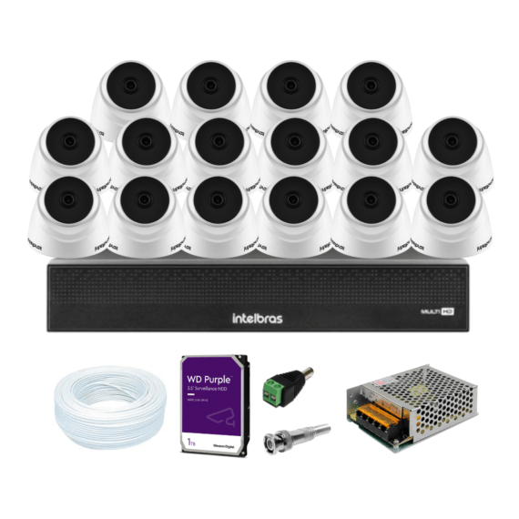 Kit DVR 16 Canais full HD 1080p Mhdx 3116-c Intelbras C/ 16 Câmeras Dome 20m IR + HD 1TB