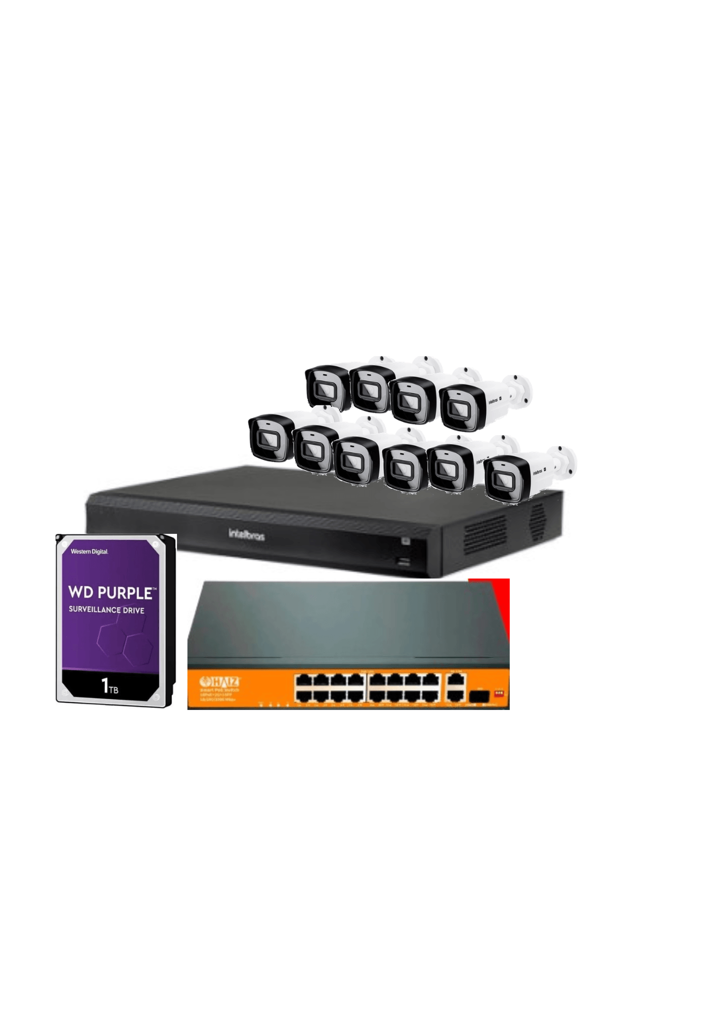 Kit INVD 3016 16 CANAIS + 10 Câmeras VIPC 1230B + HD Sata 1TB Western Digital Purple + Switch 16P