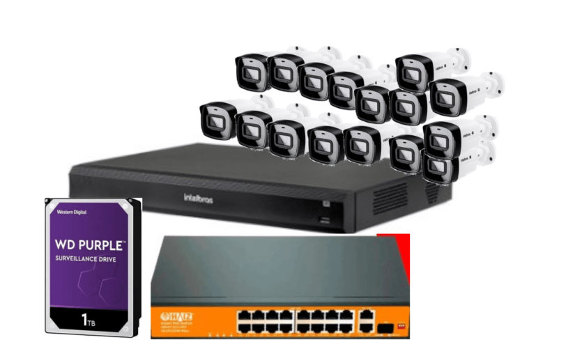 Kit INVD 3016 16 CANAIS + 16 Câmeras VIPC 1230b + HD Sata 1TB Western Digital Purple + Switch 16P